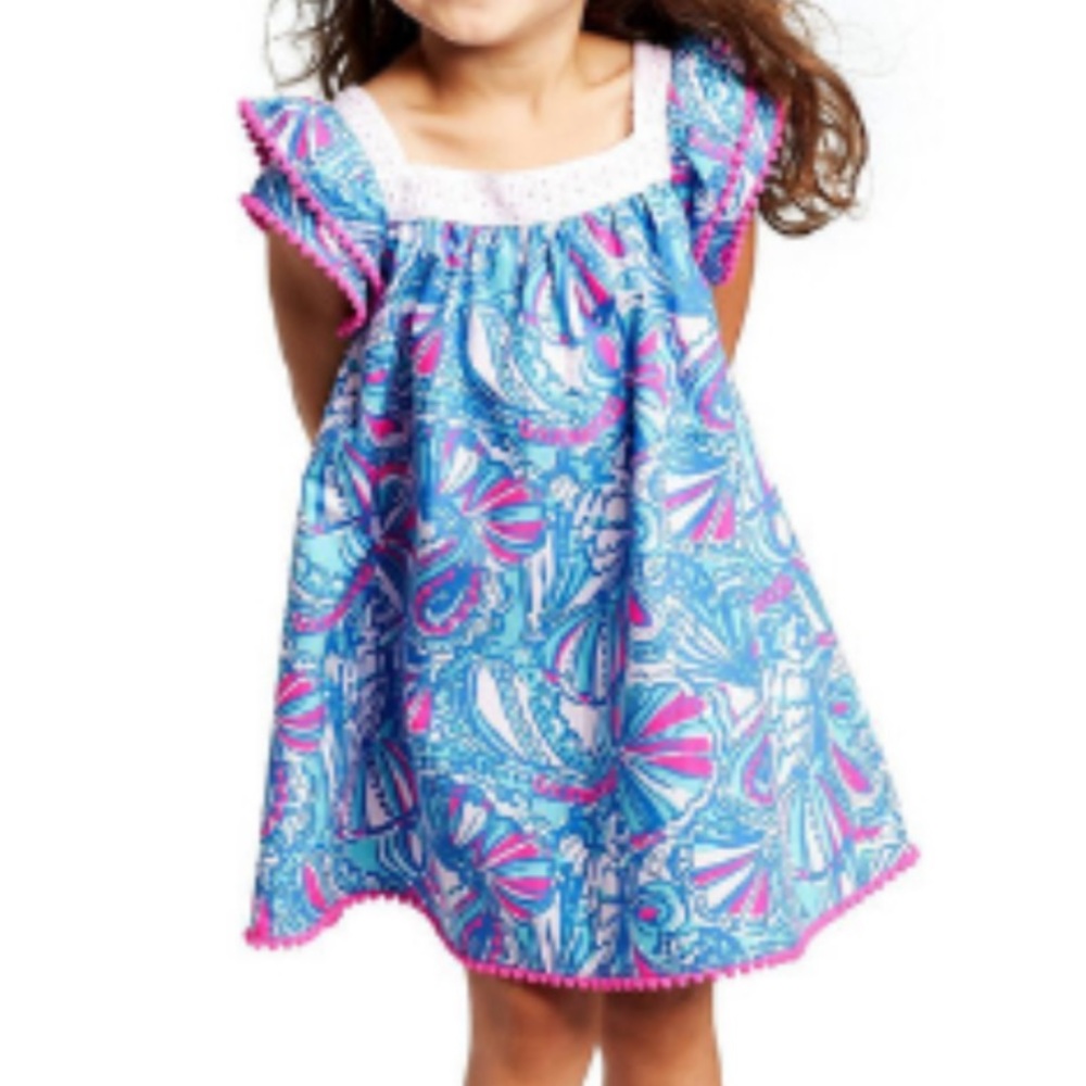 🌟LILLY PULITZER🌟 GIRLS FLORAL PRINT DRESS EYELET TRIM BLUE / PINK SZ 18M